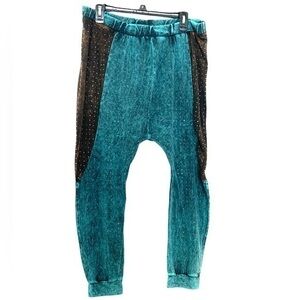 Vintage Vocal Embellishment Rhinestone Studs Harem Boho Pants Joggers Turquoise
